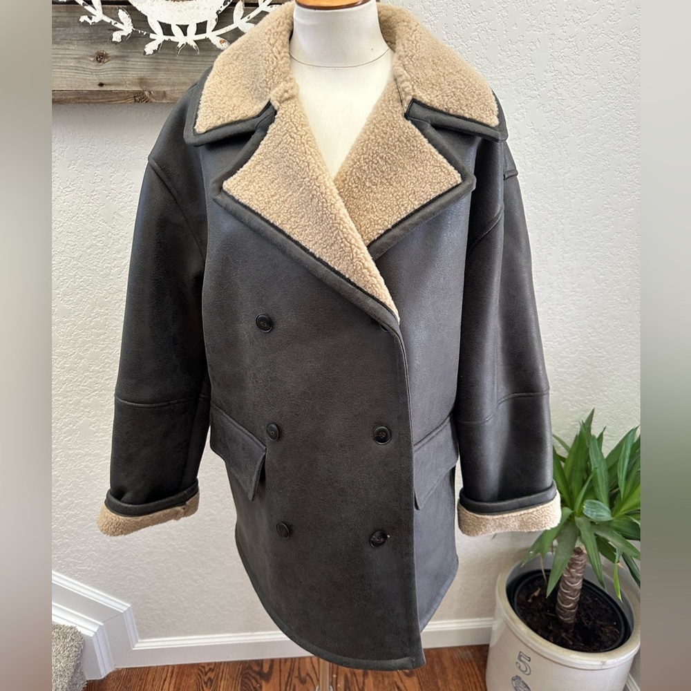 Zara brown‎ faux leather faux Shearling Lined Peacoat Jacket size Large NWT